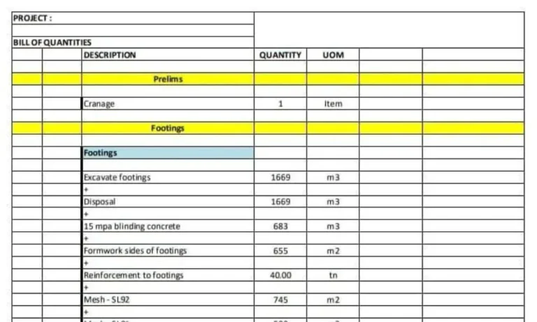 Quantity takeoff sheet